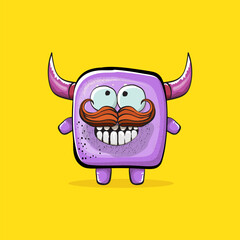 Vector cartoon funny violet monster with horn isolated on yellow background. Smiling silly violet monster print sticker design template. Ghost, troll, gremlin, goblin, devil and monster