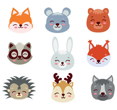 Set of images of cute animal faces Forest animals. Vector graphics..