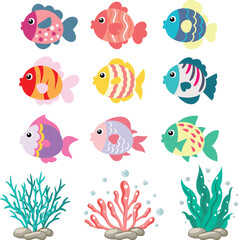 Fototapeta premium Clipart set of cute decorative fish. Decorative fish EPS. Vector graphics.