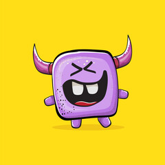 Vector cartoon funny violet monster with horn isolated on yellow background. Smiling silly violet monster print sticker design template. Ghost, troll, gremlin, goblin, devil and monster