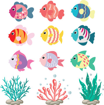 Clipart set of cute decorative fish. Decorative fish EPS. Vector graphics.