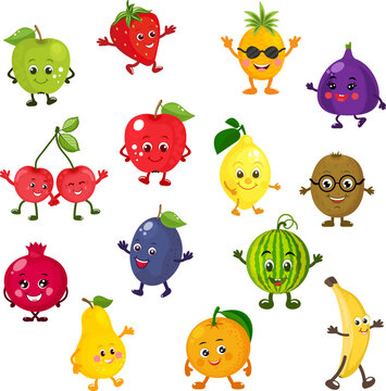 Cartoon fruits clipart. Vector graphics of cute fruits. Children's illustration. Isolated on white background.