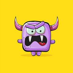 Vector cartoon funny violet monster with horn isolated on yellow background. Smiling silly violet monster print sticker design template. Ghost, troll, gremlin, goblin, devil and monster