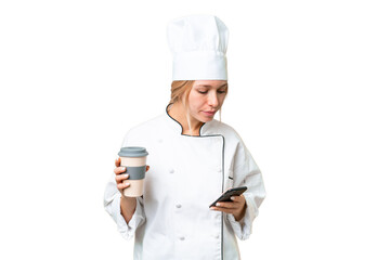 Young chef woman over isolated chroma key background holding coffee to take away and a mobile