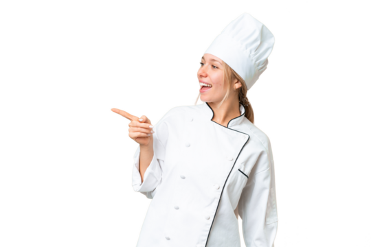 Young chef woman over isolated chroma key background pointing finger to the side and presenting a product