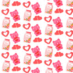 seamless pattern with hearts, bear, jar, cookie. on white background, vector illustrator, valentines day