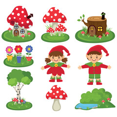 Obraz na płótnie Canvas Mushroom house illustration. Fairy tale clipart with elves and mushrooms. Vector graphics.