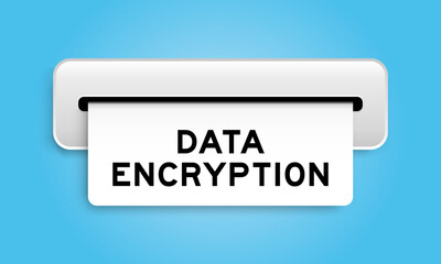 White coupon banner with word data encryption from machine on blue color background