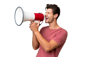 Young handsome caucasian man over isolated background shouting through a megaphone