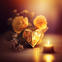 Valentine's Day. Valentine Gold Heart shaped candles and Gift on over glowing background. Beautiful Valentine card art design. include "Generative AI"