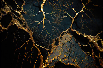 abstract black marble background with golden veins, japanese kintsugi technique, pattern of glowing roots, fake painted artificial stone texture, marbled surface, digital marbling illustration
