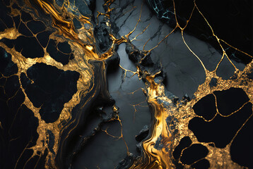 abstract black marble background with golden veins, japanese kintsugi technique, pattern of glowing roots, fake painted artificial stone texture, marbled surface, digital marbling illustration
