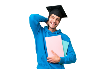 Young university graduate man over isolated background laughing