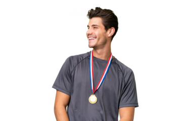 Young caucasian man with medals over isolated background happy and smiling