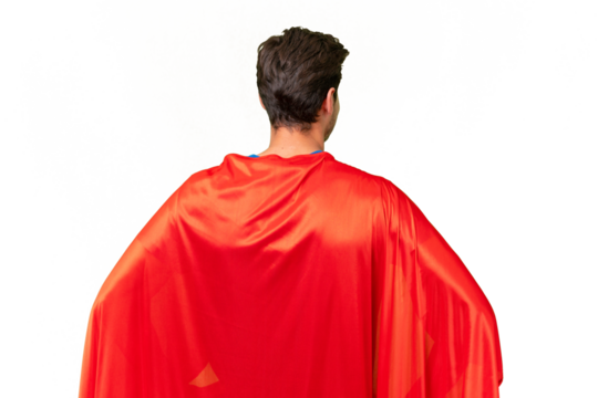 Super Hero caucasian man over isolated background in back position