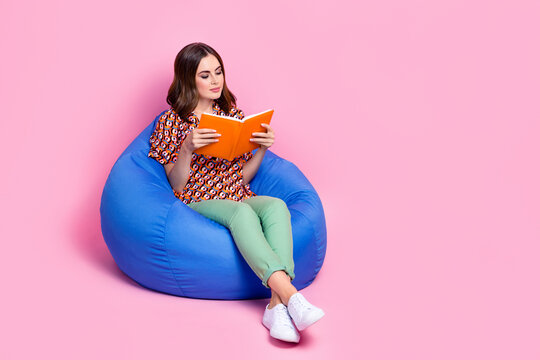 Full body size portrait of pretty young lady sit bean bag wear vintage blouse read her favorite novel story book isolated on pink color background