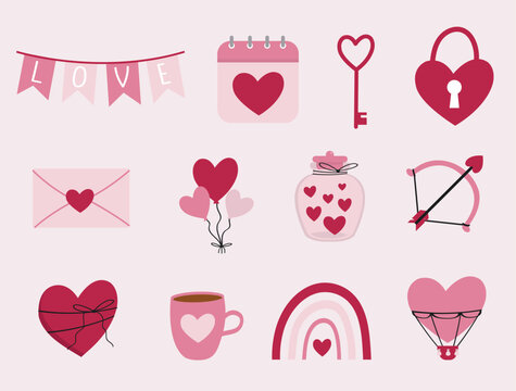 Cute cartoon style Valentine's Day set of elements.