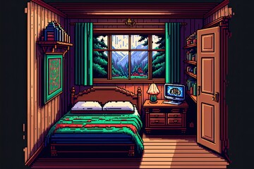 Pixel art bedroom with antique decor, bed, chest of drawers, wardrobe, background in retro style for 8 bit game, Generative AI