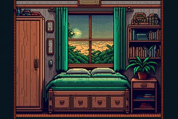 Pixel art bedroom with antique decor, bed, chest of drawers, wardrobe, background in retro style for 8 bit game, Generative AI