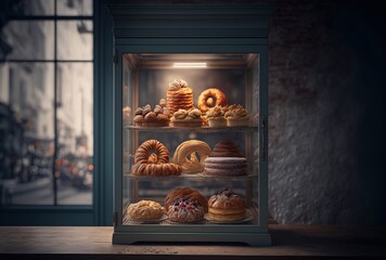 Close up freshly baked pastry goods on display in bakery shop. Generative AI