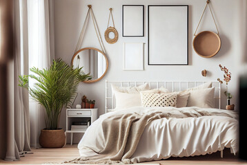 Stylish boho interior of bedroom with photo frames mockup. Generative AI