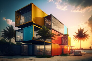 eco friendly hotel building made from used shipping container box, environmental preservation concept, generative ai
