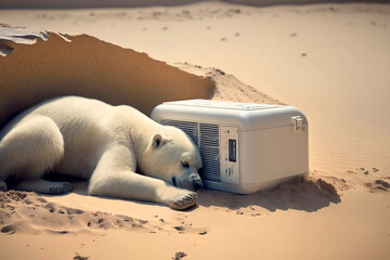 un ours polaire dans un désert à côté d'un bloc de climatisation pour illustrer le réchauffement climatique - illustration ia	
 - obrazy, fototapety, plakaty