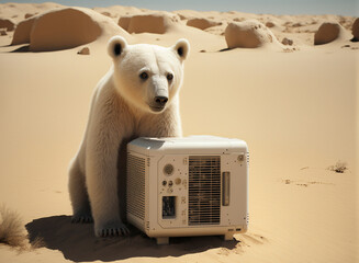 un ours polaire dans un désert à côté d'un bloc de climatisation pour illustrer le réchauffement climatique - illustration ia	
 - obrazy, fototapety, plakaty