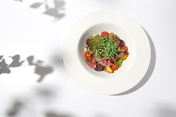 Meat salad with pastrami, baked vegetables and arugula on white background with hard shadows. Salat with roasted beef and vegetables on summer lunch with shadows of leaves.