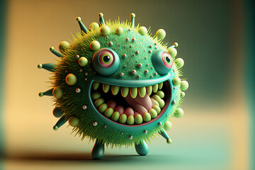 ai generated fantasy illustration of green virus character with happy face