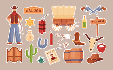 Wild West stickers. Vector icon set of western Texas with cowboy, hat, wooden signboard, cactus, dynamite, gun, wanted poster, sheriff badge, cow skull, tequila, horseshoe. Collection for game, print