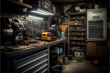 Home Garage with Tools and Cabinets. Generative AI.