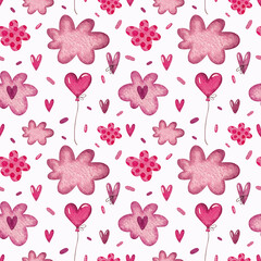 Seamless pattern with pink clouds and a balloon on a white background. Watercolor illustration. Happy Valentine's Day. Printing on fabric and paper. Holiday. Handmade work. Art. Design. Background.