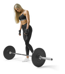 Fototapeta na wymiar Fitness woman full-length portrait. Barbell squats workout. Transparent PNG isolated. Buttocks, legs training. 