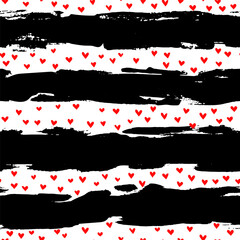 Dry Brush Strokes and Hearts Seamless Pattern. Hand Drawn Artwork Abstract Vector Background