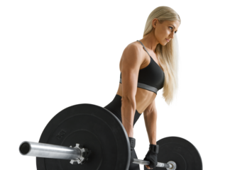 Fitness woman portrait. Confident looking female bodybuilder squats with barbell.