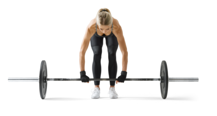Fitness woman lifting weights. Female Bodybuilder  squats with a barbell, prepare. 