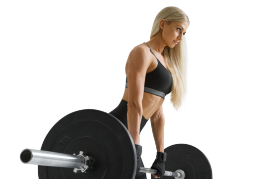 Fitness woman portrait. Confident looking female bodybuilder squats with barbell. - Powered by Adobe