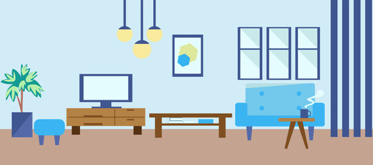 Blue-based room with flat interior illustration