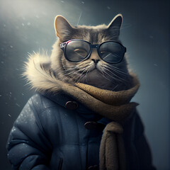 chic cat charisma wearing coat, wearing sunglasses, funny, fashion, pic as wallpaper, poster, t shirt and others