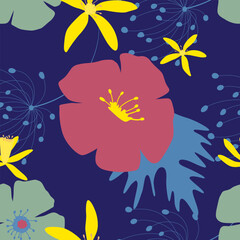 Floral vector seamless texture on dark blue background 