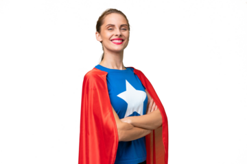 Young caucasian woman over isolated background in superhero costume with arms crossed
