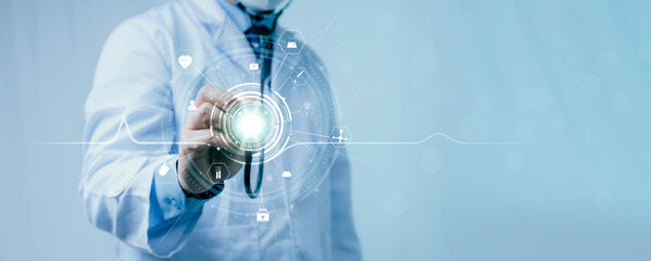 Doctor touch virtual screen with white icon medical on white background.Network connection on modern interface, medical technology and futuristic concept.