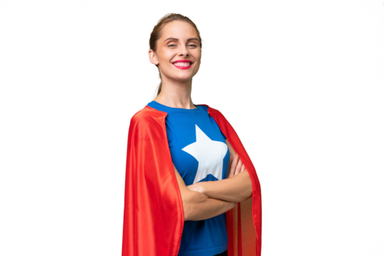 Young caucasian woman over isolated background in superhero costume with arms crossed