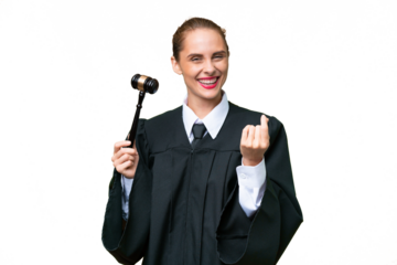 Judge caucasian woman over isolated background making money gesture