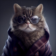 chic cat charisma wearing coat, wearing sunglasses, funny, fashion, pic as wallpaper, poster, t shirt and others