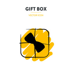 Vector icon of a simple and concise gift box. Box on a white background, tied with a black ribbon, top view. Logo, label for brand, company. Gift box. Package.