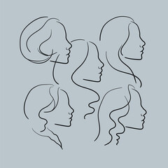 Face profile of a girl in line-art style on a blue background. Woman faces outline. Makeup artist face template