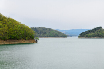 Relax autumn calm landscapes over the Pertusillo lake in val d'Agri, in the Province of Potenza, Basilicata, Italy