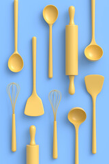 Wooden kitchen utensils, tools and equipment on monochrome background.